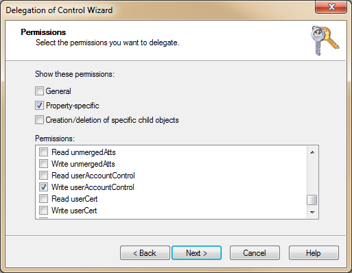 Delegation of Control Wizard - Permissions
